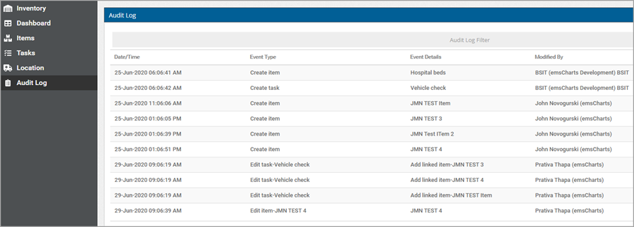 The audit log records any changes made to the Inventory module.